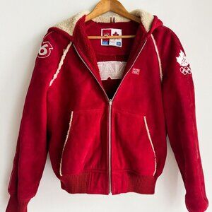Hudson Bay Company Torino Olympic 2006 Sheepskin Lined Suede Hooded  Bomber L